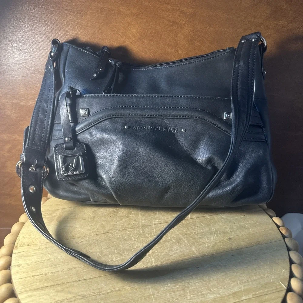 Stone Mountain Genuine Pebbled Leather Shoulder Bag Handbag Purse Black